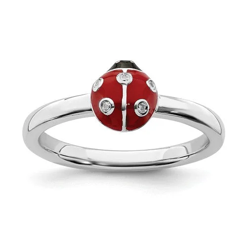 Timeless Engagement Rings For Everlasting Glam-Sterling Silver Stackable Expressions Red & Black LadyBug Diamond Ring