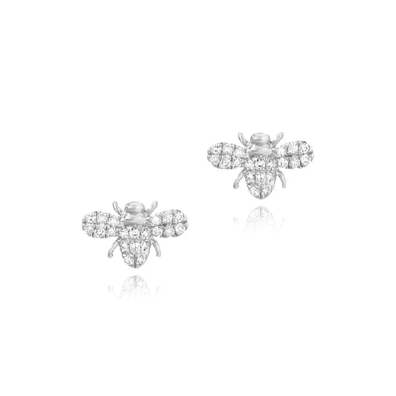 Simple Gold Earrings For Minimalist Style-14k White Gold Petite Bee Earrings with Pave Diamonds