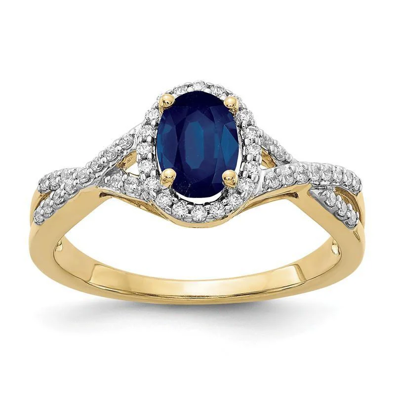 Elegant Sapphire Rings For Luxury Appeal-14k Yellow Gold Genuine Blue Sapphire Oval & Diamond Halo Twist Ring