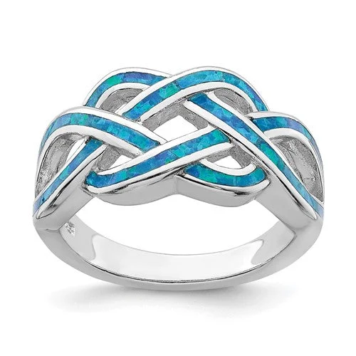 Luxury Platinum Engagement Rings For Brides-Sterling Silver Blue Inlay Created Opal Celtic Knot Ring