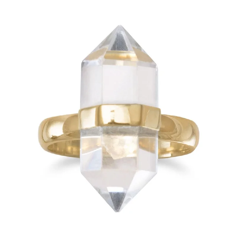 Affordable Wedding Bands For Budget-Conscious Couples-Sterling Silver 14k Gold Plated Clear Quartz Spike Pencil Cut Ring