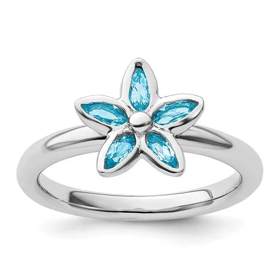 Simple Engagement Rings For Subtle Beauty-Sterling Silver Stackable Expressions Blue Topaz Flower Ring