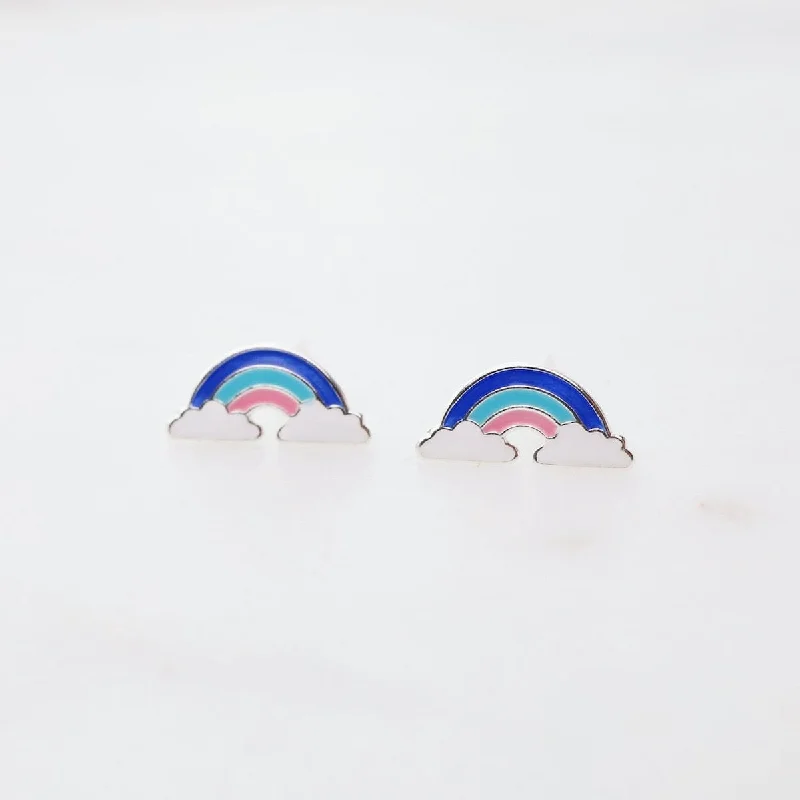 Colorful Earrings For Every Occasion-Enamel Rainbow in Clouds Post Earrings - Blue, Light Blue, & Pink