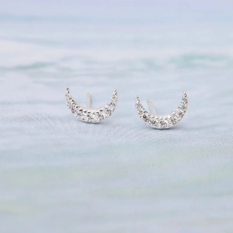 Lightweight Crystal Earrings For Comfortable Fashion-Pavé Crescent Moon Stud Earrings