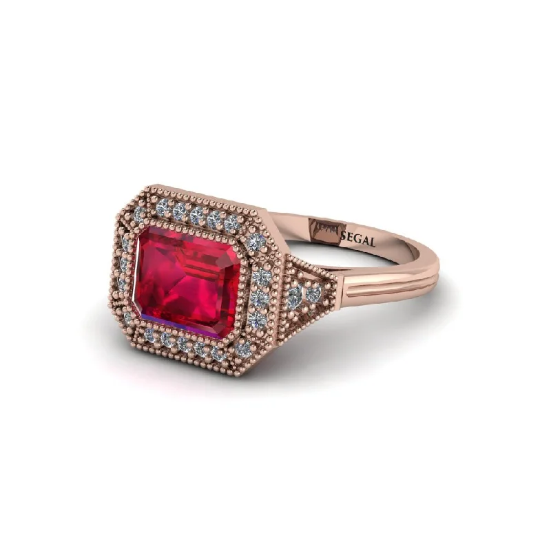 Sparkling Wedding Rings For Elegant Bridal Looks-Emerald Cut Ruby Milgrain Halo Engagement Ring - Juniper No. 11