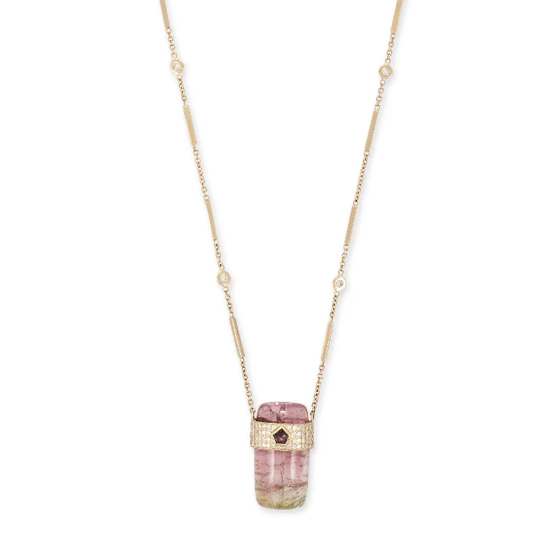 PAVE PINK SAPPHIRE CENTER CAP + WATERMELON TOURMALINE CRYSTAL NECKLACE