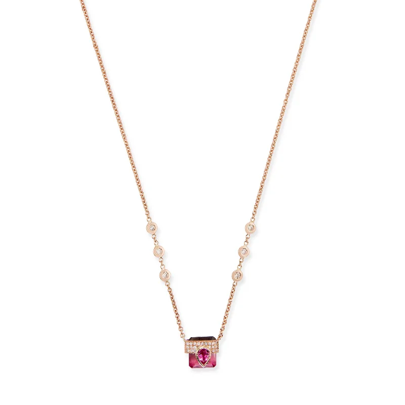 PAVE PINK TOURMALINE TEARDROP CAP + BABY PINK TOURMALINE BAGUETTE NECKLACE