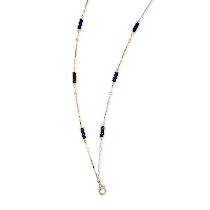 PAVE CHARM CLIP 6 LAPIS INLAY DIAMOND SMOOTH BAR NECKLACE