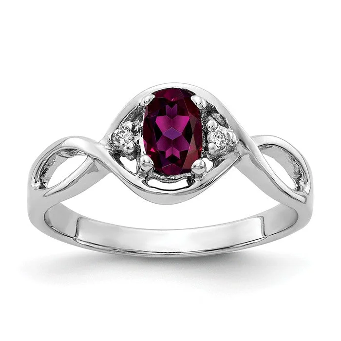 Personalized Name Rings For Custom Jewelry-14k White Gold 6x4mm Oval Rhodolite Garnet and Diamond Infinity Style Ring