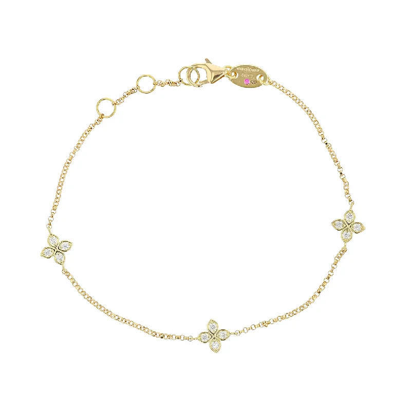 Simple Sterling Silver Bracelets For Everyday Fashion-Love by the Inch Diamond 3-Station Flower Bracelet in 18K Yellow Gold, Adjustable Chain