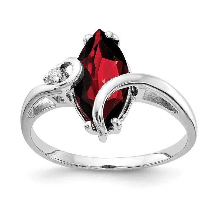 Trendy Titanium Rings For Contemporary Style-14k White Gold 12x6mm Marquise Garnet and Diamond Ring