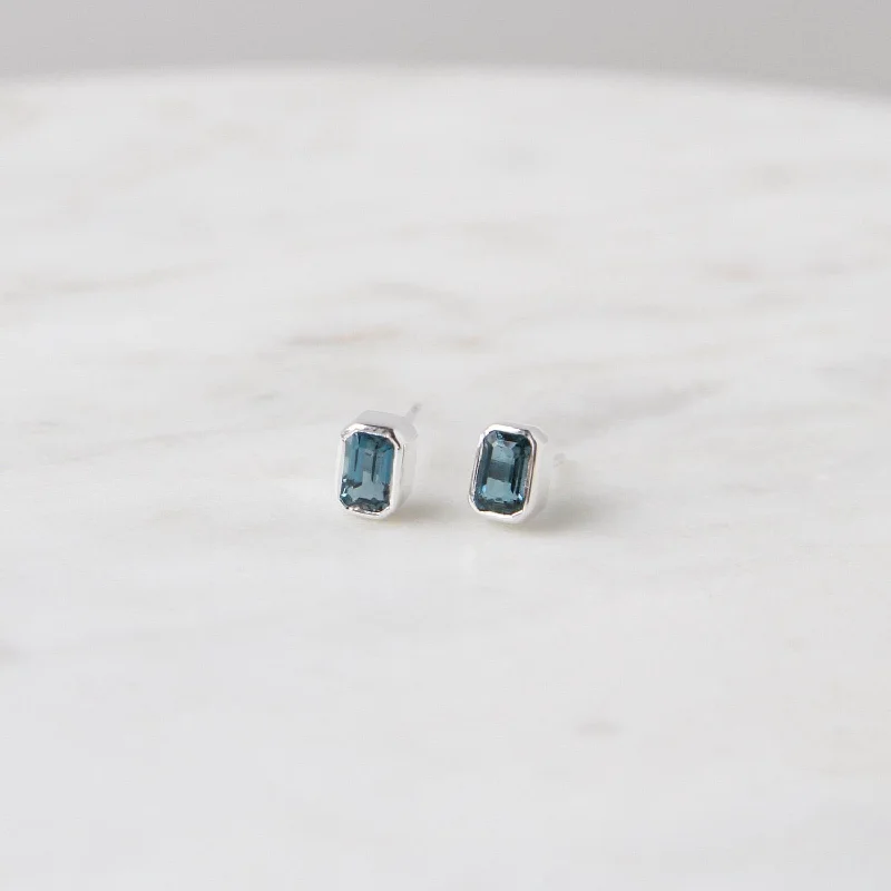 Fashionable Stud Earrings For Timeless Looks-Sterling Silver Bezel Set Emerald Cut London Blue Topaz Earrings