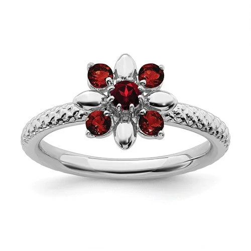 Stunning Gemstone Wedding Rings For Creative Brides-Sterling Silver Stackable Expressions Garnet Flower Ring