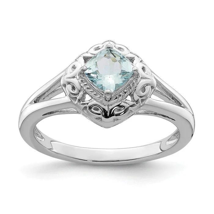 Stunning Gold Wedding Bands For Elegant Wear-Sterling Silver Genuine Aquamarine Square Cushion Filigree Ring