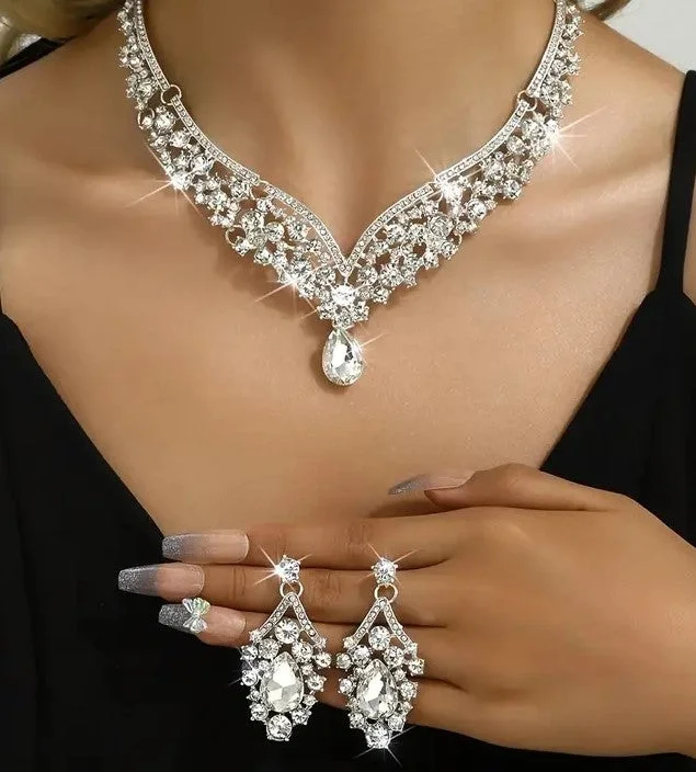 3pcs SILVER Jewelry Set l Rhinestone Pearls Earrings l Necklace l Bracelet l Prom l Wedding JS-913