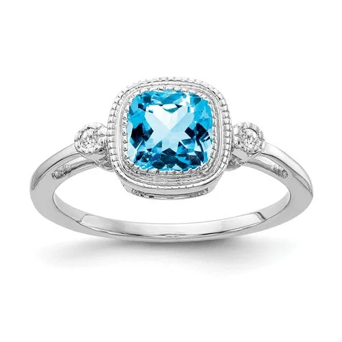 Beautiful Custom Rings For Personalized Gifts-14k White or Yellow Gold Bezel Set Swiss Blue Topaz Cushion and Diamond Ring