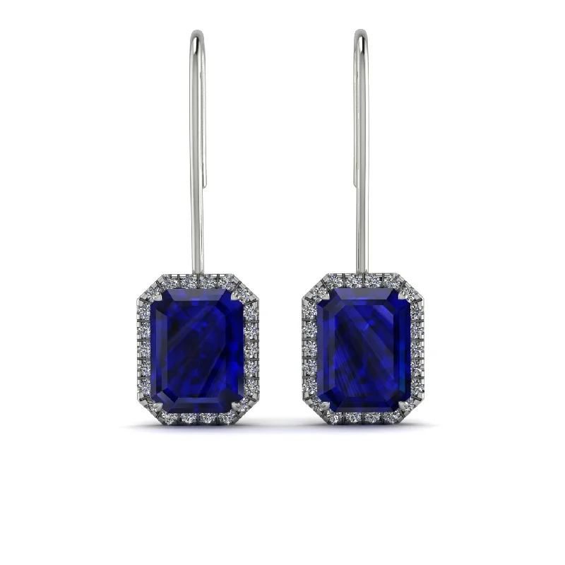 Modern Earrings For Contemporary Styles-Halo Emerald Cut Sapphire Earrings - Izabella No. 15