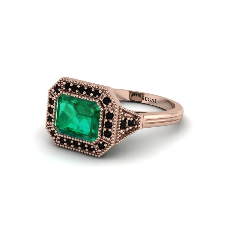 Elegant Rose Gold Rings For Elegant Fashion-Emerald Cut Emerald Milgrain Halo Engagement Ring - Juniper No. 35