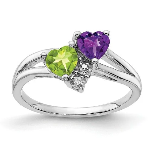 Beautiful Diamond Wedding Rings For Brides-Sterling Silver Amethyst Peridot Double Heart and Diamond Accent Ring