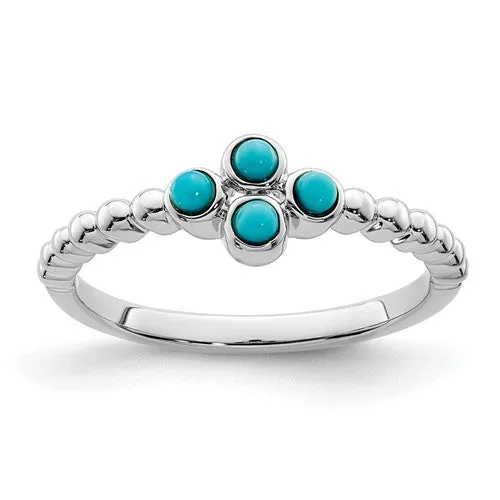 Elegant Cocktail Rings For Evening Glam-14k White Gold Beaded 4 Stone Turquoise Ring