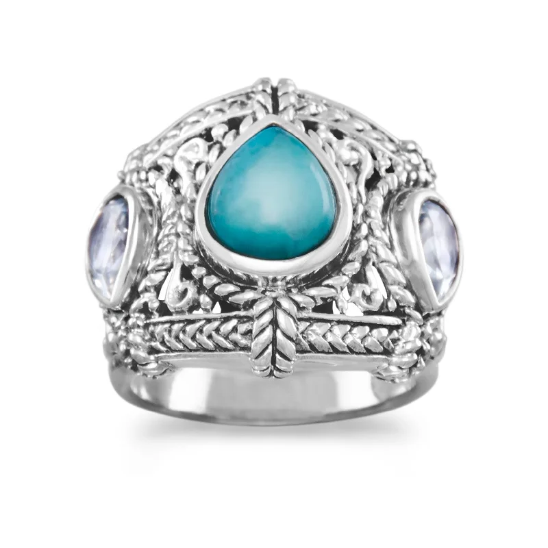 Affordable Engagement Rings For Budget Brides-Sterling Silver Blue Topaz and Turquoise Ring