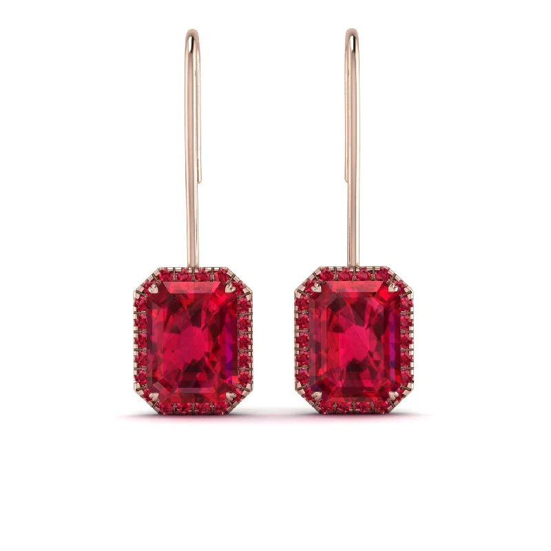 Long Earrings For Elegant Appeal-Halo Emerald Cut Ruby Earrings - Izabella No. 56