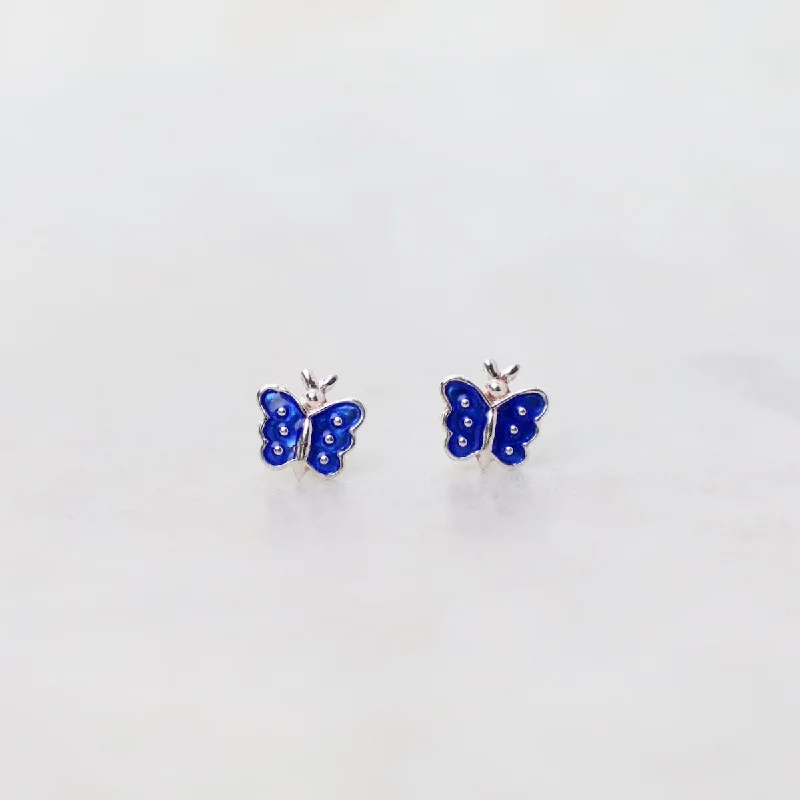 Simple Drop Earrings For Subtle Charm-Enamel Butterfly Post Earrings in Dark Blue