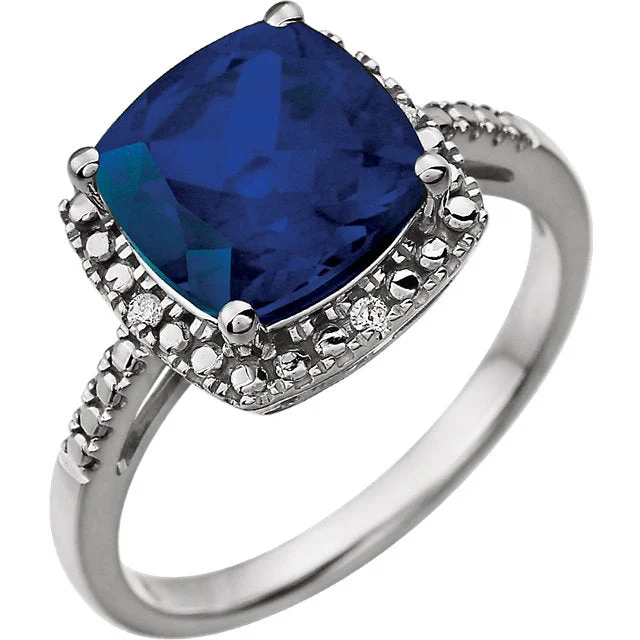 Elegant Titanium Rings For Modern Fashion-14k White Gold 9mm Cushion Cut Created Blue Sapphire & Diamond Halo-Style Ring