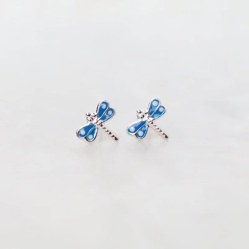 Crystal Hoop Earrings For Bold Fashion-Enamel Dragonfly Post Earrings in Light Blue