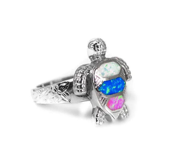 Luxury Engagement Rings For Brides-to-Be-Sterling Silver Multi-Color Opal Sea Turtle Ring with Hawaiian Floral Band