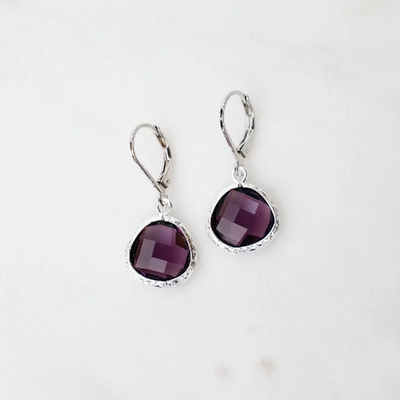 Beautiful Pearl Drop Earrings For Weddings-Sterling Silver Plum Crystal Lever Back Earrings