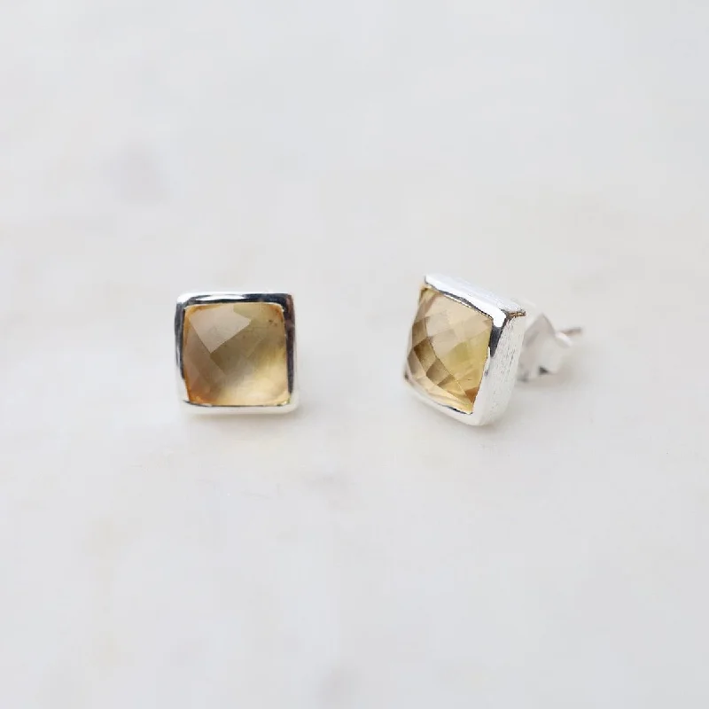 Fashionable Stud Earrings For Timeless Looks-Silver Square Madeline Stud Earrings - Citrine