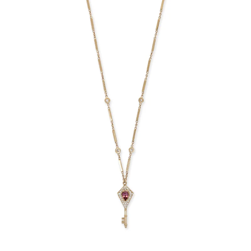 PAVE + BAGUETTE DIAMOND GEMSTONE KEY SMOOTH BAR NECKLACE