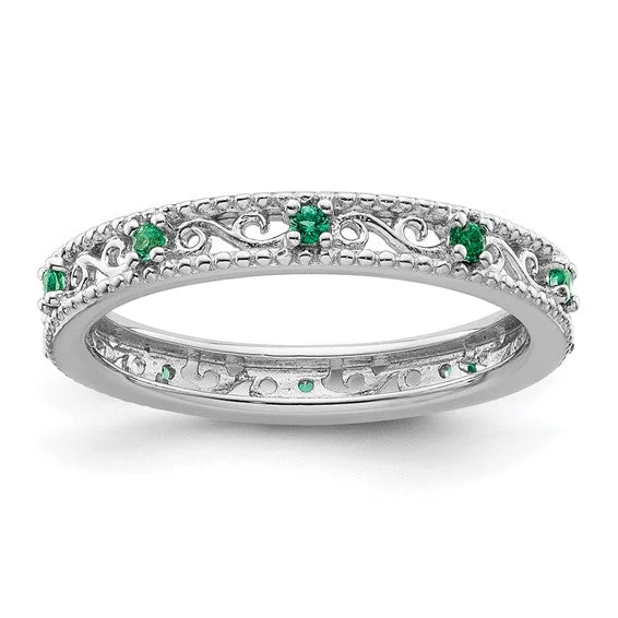 Classic Wedding Rings For Bridal Fashion-Sterling Silver Stackable Expressions Created Emerald Filigree Ring