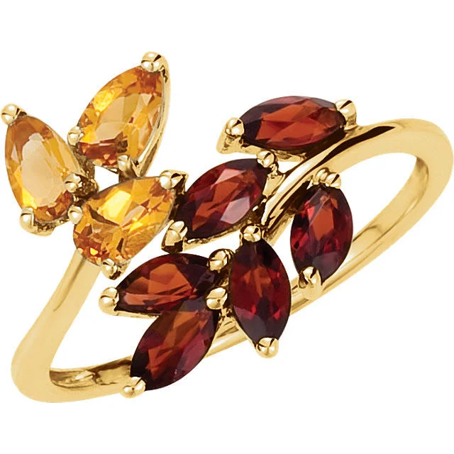 Timeless Engagement Rings For Romantic Proposals-14k Yellow Gold Citrine & Mozambique Garnet Leaf Bypass Ring