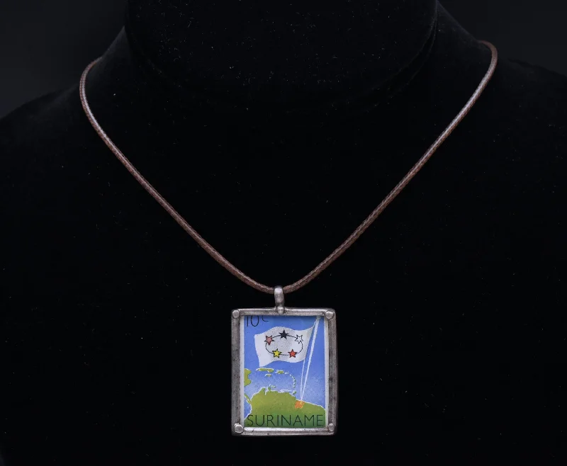 Vintage 1960 Suriname Stamp Sterling Silver Pendant Necklace