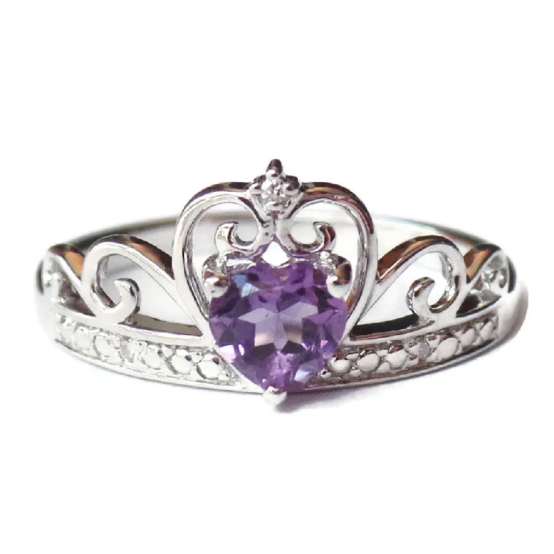 Elegant Wedding Rings For Special Occasions-Sterling Silver Diamond And Heart Shaped Amethyst Crown Ring