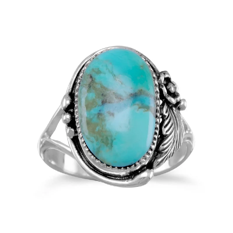 Unique Gemstone Wedding Bands For Brides-Sterling Silver Oval Turquoise Floral Design Ring