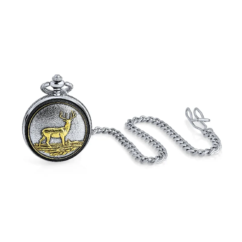 Elegant Watches With Gemstones For Special Occasions-Two Tone Vintage Style Pocket Watch for Men with Deer Hunter Design and Long Chain