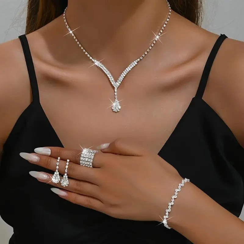 4pcs SILVER Jewelry Set l Rhinestone Earrings l Necklace l Bracelet l Prom l Wedding JS-905