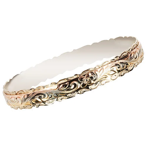 Custom Adjustable Gold Bangles For Comfortable Wear-14K Tri-Color Gold Custom-Made Hawaiian Scroll Double Cut Out Edge Bangle