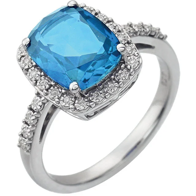 Custom Wedding Bands For Personalized Vows-14k White Gold 10x8 Cushion Swiss Blue Topaz & Diamond Halo Ring