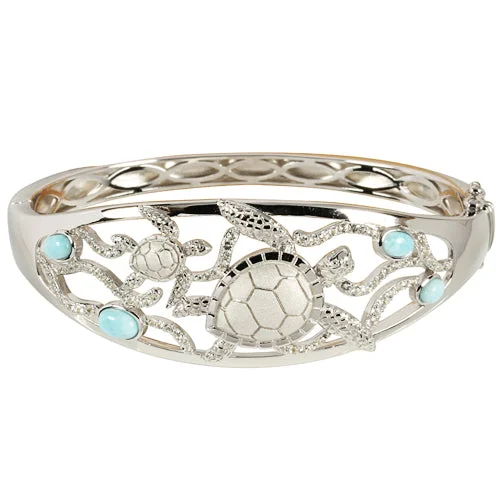 Colorful Bead Bangles For Vibrant Looks-Sterling Silver Swimming Turtle with Larimar Bead Bangle