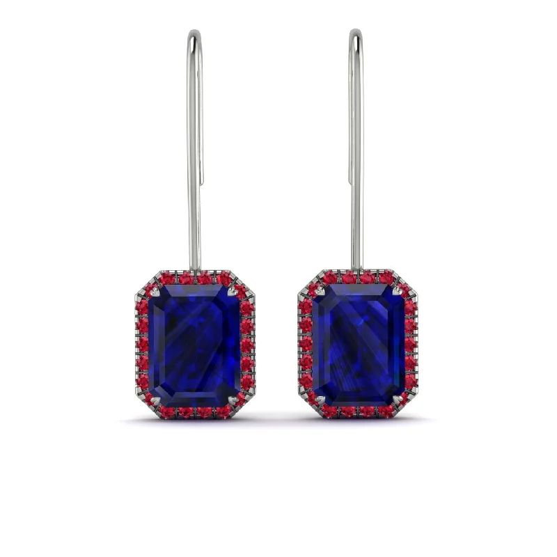 Silver Earrings For Wedding Day Style-Halo Emerald Cut Sapphire Earrings - Izabella No. 60