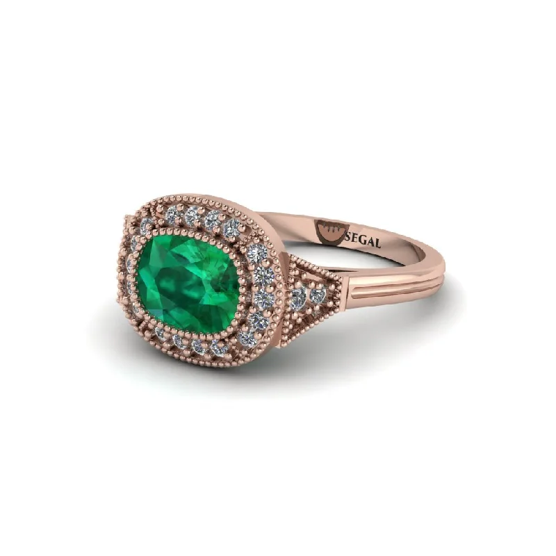 Beautiful Engagement Rings For Romantic Proposals-Cushion Cut Emerald Milgrain Halo Engagement Ring - Blake No. 5