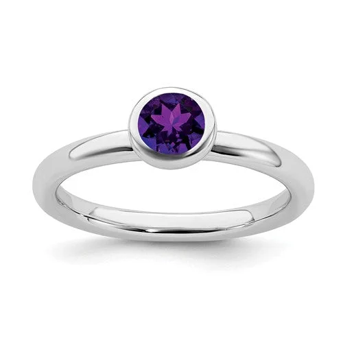 Unique Platinum Rings For Special Occasions-Sterling Silver Stackable Expressions Low 4mm Round Amethyst Ring