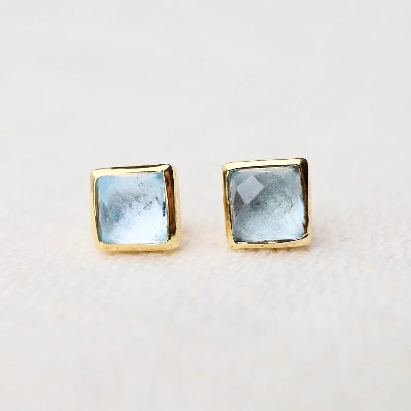 Trendy Earrings For Nighttime Fashion-Madeline Stud Earrings - Vermeil Square - Blue Topaz