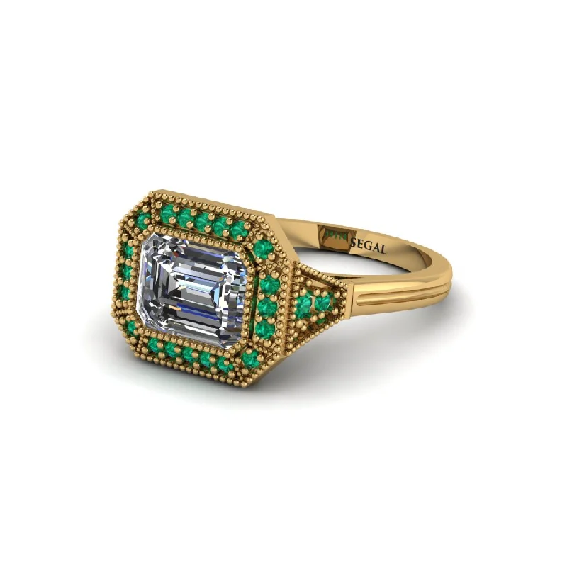 Affordable Gold Engagement Rings For Brides-Emerald Cut Diamond Milgrain Halo Engagement Ring - Juniper No. 16