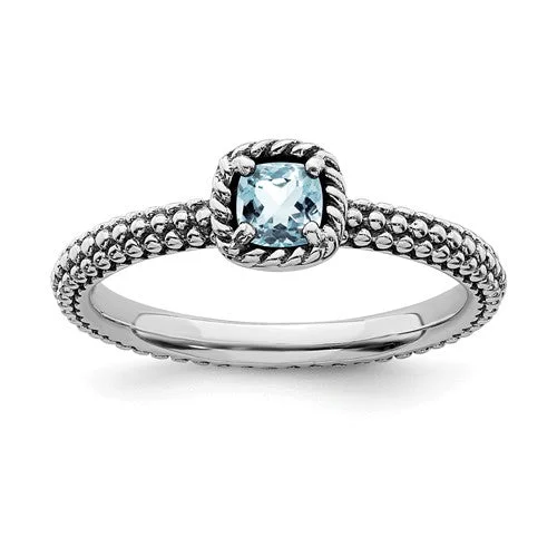 Luxury Gemstone Rings For High-End Fashion-Sterling Silver Stackable Expressions Checker-Cut Light Aquamarine Antiqued Ring