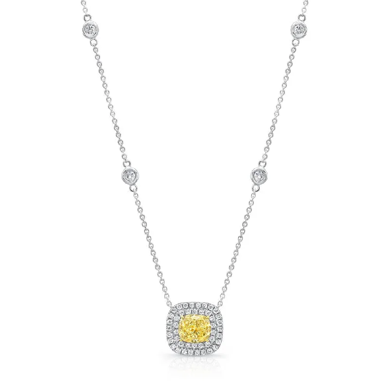 Uneek Cushion-Cut Fancy Yellow Diamond Pendant with Double Diamond Halo